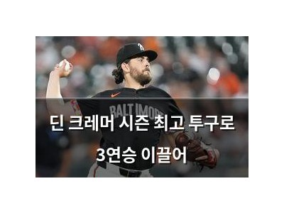 딘 크레머 시즌 최고 투구로 3연승 이끌어